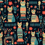navy background, cream cats, teal accents, coral red, gold yellow, geometric patterns, floral motifs, decorative cats, striped design, tribal patterns, nature-inspired, whimsical style, bohemian, modern folk art, egyptian inspired, stylized flowers, botanical elements, kids room, playroom, nursey decor, children's design, colorful animals, patterned cats, boho chic, festive, vibrant, artistic, decorative foliage, small florals