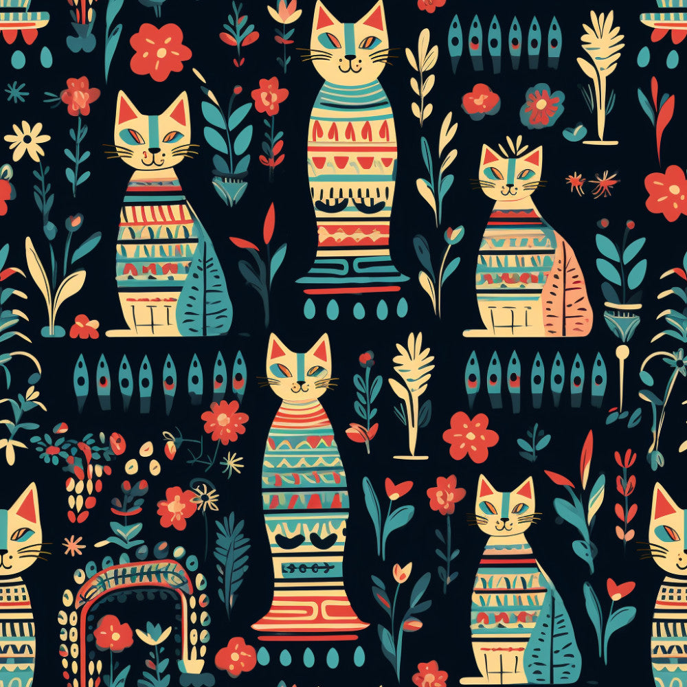 navy background, cream cats, teal accents, coral red, gold yellow, geometric patterns, floral motifs, decorative cats, striped design, tribal patterns, nature-inspired, whimsical style, bohemian, modern folk art, egyptian inspired, stylized flowers, botanical elements, kids room, playroom, nursey decor, children's design, colorful animals, patterned cats, boho chic, festive, vibrant, artistic, decorative foliage, small florals