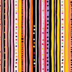 colorful stripes, polka dots, geometric pattern, vertical lines, rainbow colors, pink, orange, yellow, black, white, red, blue, green, purple,, fabric panel, modern design, playful pattern, bright colors, striped fabric, dotted design