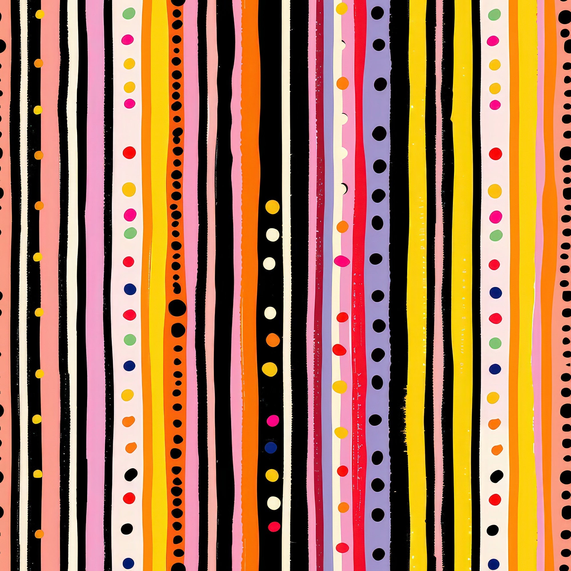 colorful stripes, polka dots, geometric pattern, vertical lines, rainbow colors, pink, orange, yellow, black, white, red, blue, green, purple, quilting cotton, fabric panel, modern design, playful pattern, bright colors, striped fabric, dotted design
