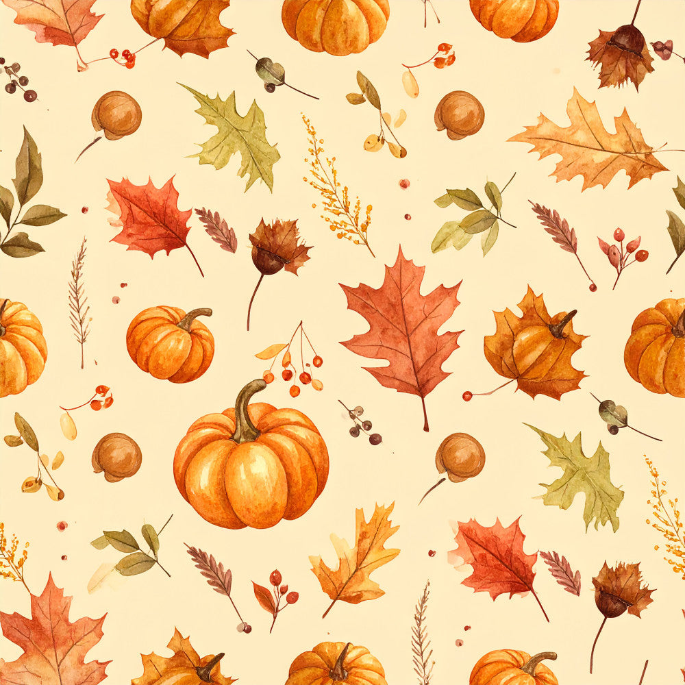 autumn, fall, pumpkins, maple leaves, orange, burnt orange, rust, cream, tan, beige, nature, harvest, thanksgiving, seasonal, botanical, floral, leaf pattern, berry branches, acorn, whimsical, rustic, cozy, warm tones, kids room, nursery, playroom, fall decor, thanksgiving decor