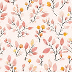 dusty rose, coral pink, soft yellow, cream, peachy orange, blush, watercolor, floral, botanical, branches, leaves, delicate, whimsical, spring, nature, soft, gentle, pastel, artistic, painted, modern, contemporary, nursery, baby, kids room, feminine, elegant, romantic, garden, wildflower