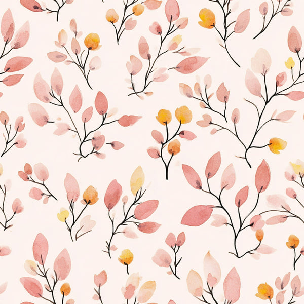 dusty rose, coral pink, soft yellow, cream, peachy orange, blush, watercolor, floral, botanical, branches, leaves, delicate, whimsical, spring, nature, soft, gentle, pastel, artistic, painted, modern, contemporary, nursery, baby, kids room, feminine, elegant, romantic, garden, wildflower