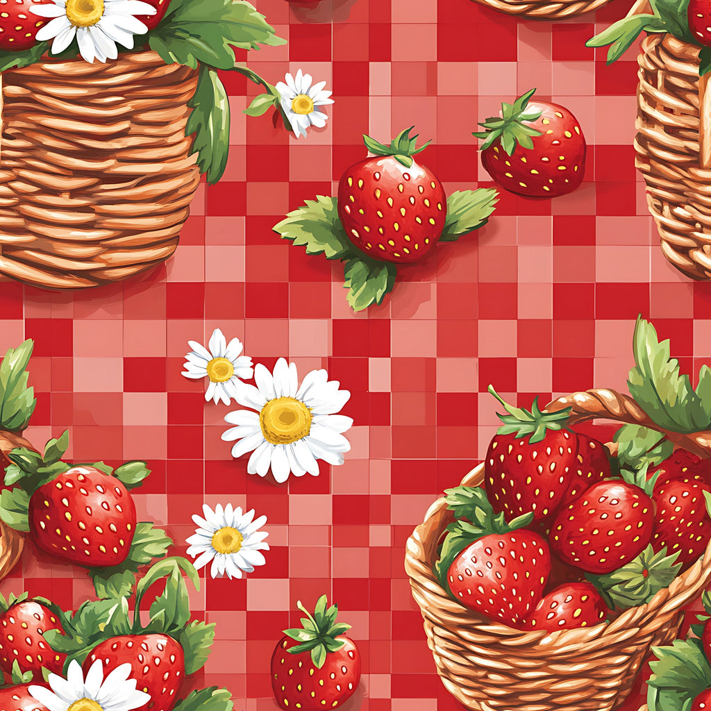 red, gingham, checkered, strawberries, wicker baskets, white daisies, green leaves, picnic theme,, fabric panel, summer fruits, country style, botanical elements, red and white, pastoral design, food motifs, cheerful pattern, cottage core, rustic charm
