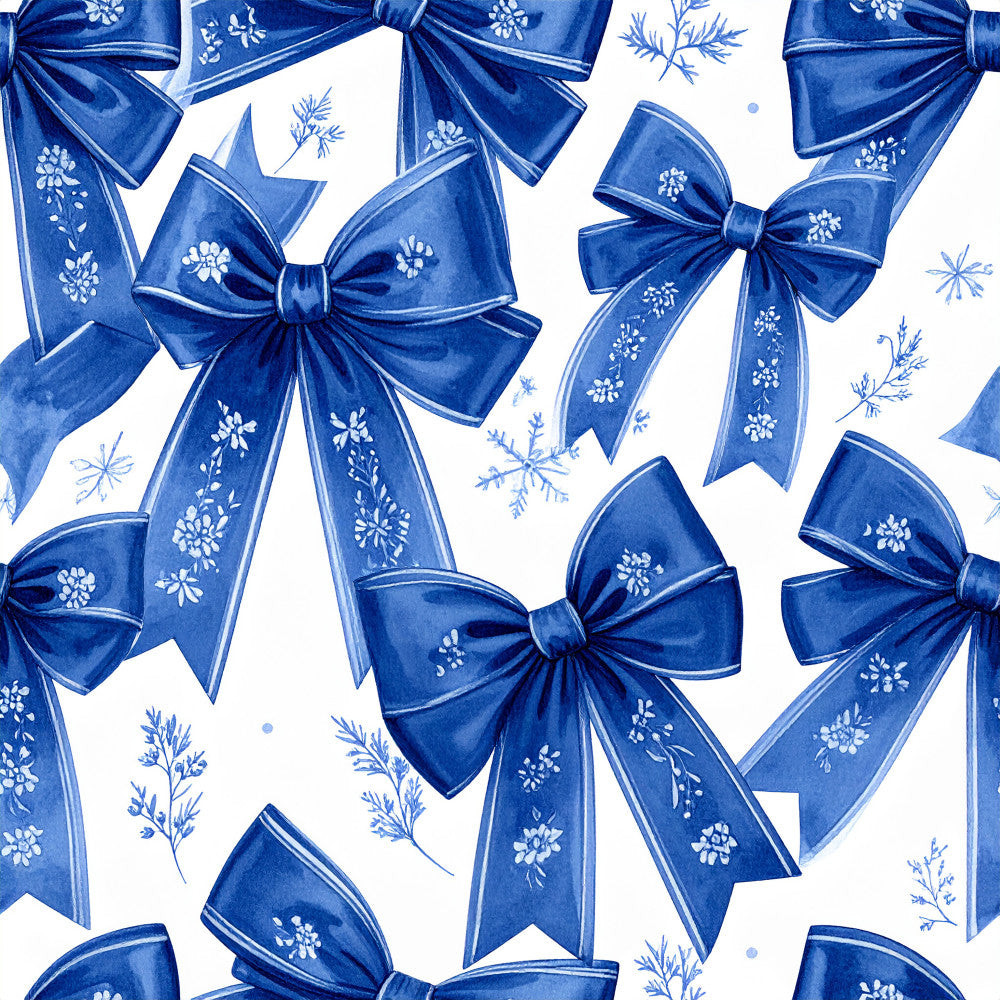 royal blue, navy blue, white, floral, bows, ribbons, holiday, christmas, elegant, traditional, festive, winter, snowflakes, delicate florals, botanical, vintage, feminine, decorative bows, gift wrap inspired, formal, classic, seasonal, celebration, blue and white, ornate, refined, prestige