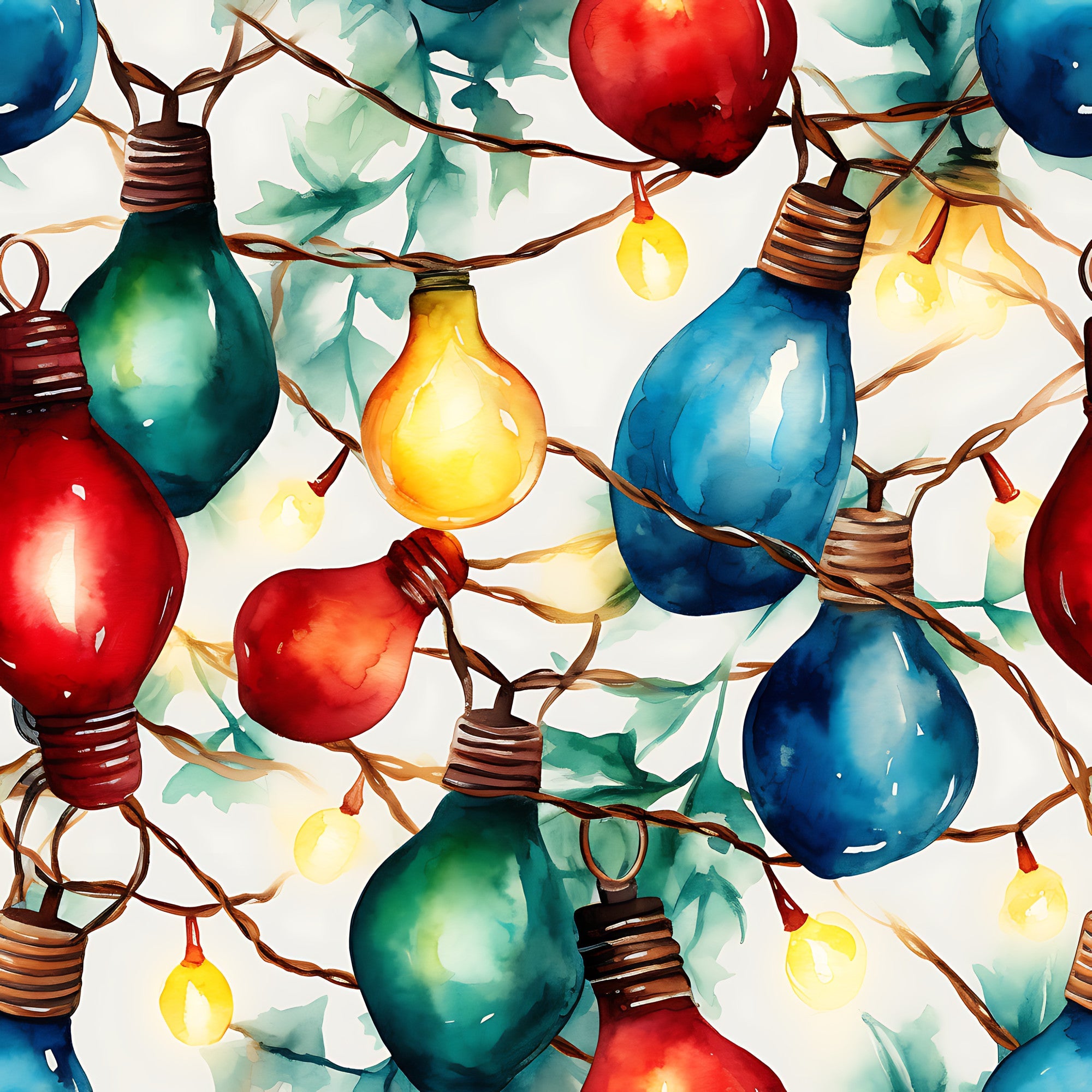 watercolor, christmas lights, string lights, festive bulbs, red, blue, green, yellow, orange, multicolored, holiday pattern, winter decor, seamless design,, fabric panel, watercolor style, painted effect, overlapping lights, christmas theme, holiday crafting