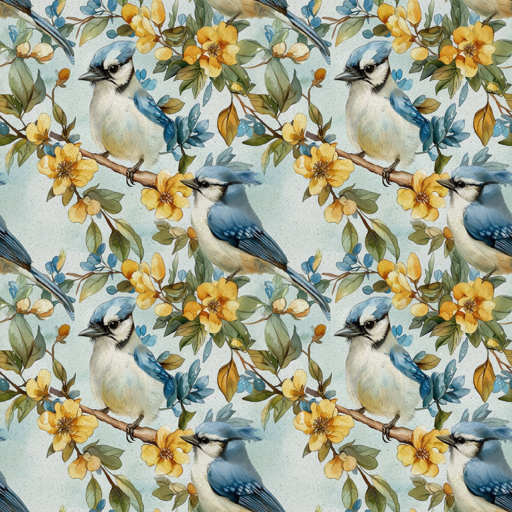 blue jay, birds, yellow flowers, floral pattern, botanical design, cotton fabric, quilting panel, nature motif, soft blue, golden yellow, green leaves, brown branches, watercolor style, spring theme, seamless repeat, perched birds, delicate florals, pastel background, wildlife design, garden scene