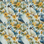 blue jay, birds, yellow flowers, floral pattern, botanical design, cotton fabric, quilting panel, nature motif, soft blue, golden yellow, green leaves, brown branches, watercolor style, spring theme, seamless repeat, perched birds, delicate florals, pastel background, wildlife design, garden scene