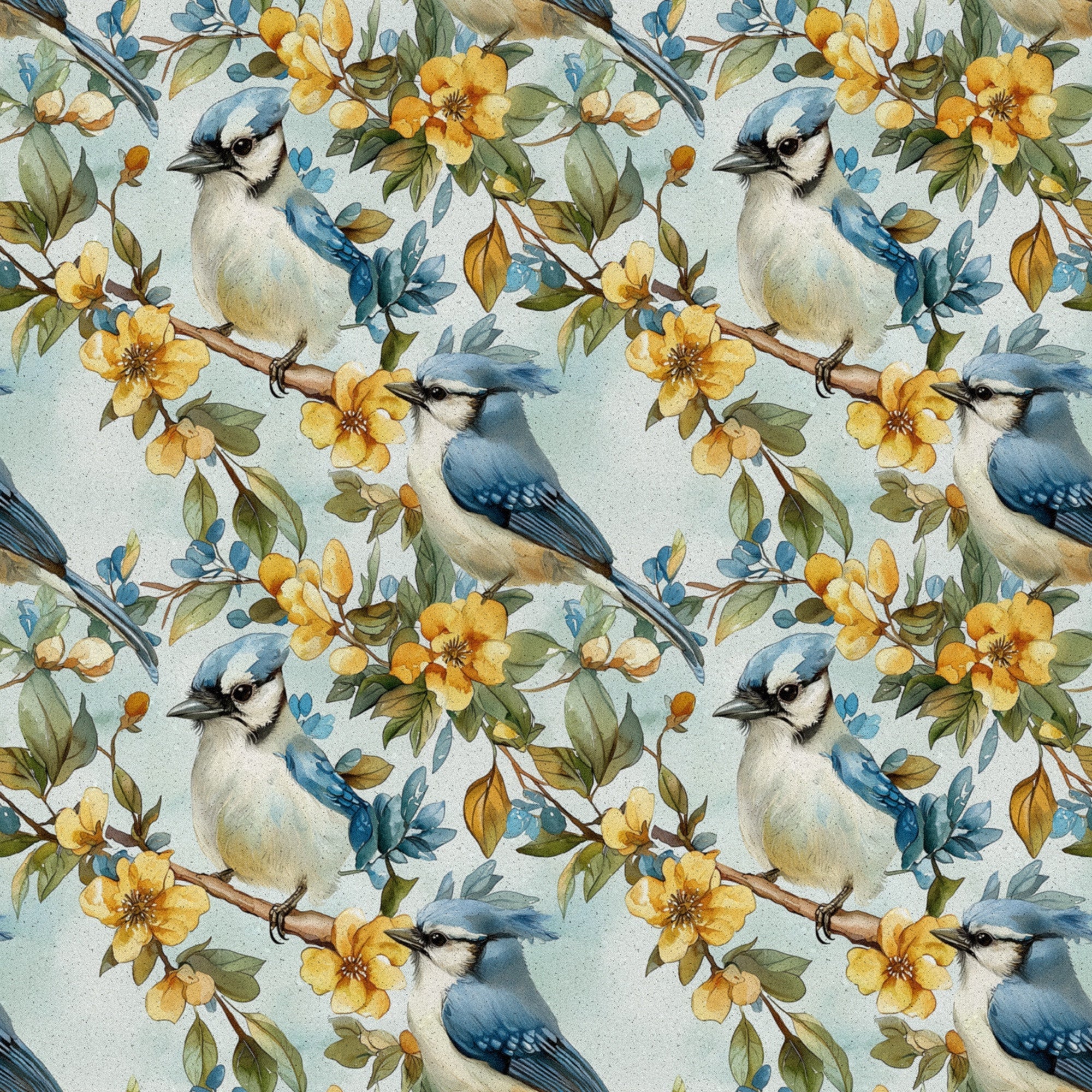 blue jay, birds, yellow flowers, floral pattern, botanical design, cotton fabric, quilting panel, nature motif, soft blue, golden yellow, green leaves, brown branches, watercolor style, spring theme, seamless repeat, perched birds, delicate florals, pastel background, wildlife design, garden scene