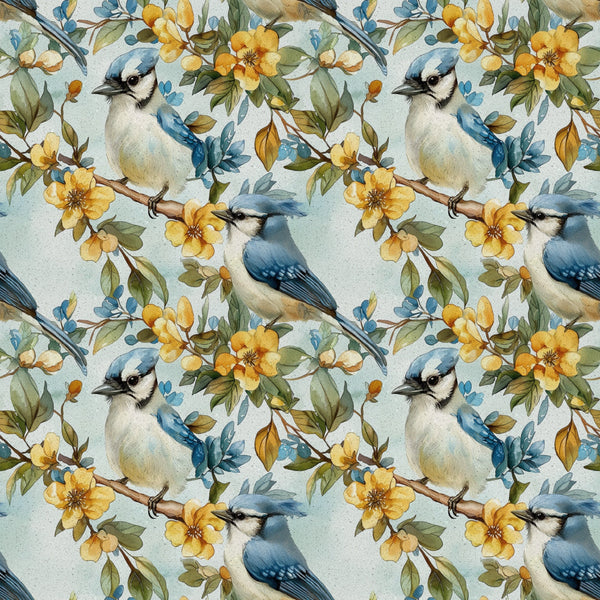 blue jay, birds, yellow flowers, floral pattern, botanical design, cotton fabric, quilting panel, nature motif, soft blue, golden yellow, green leaves, brown branches, watercolor style, spring theme, seamless repeat, perched birds, delicate florals, pastel background, wildlife design, garden scene