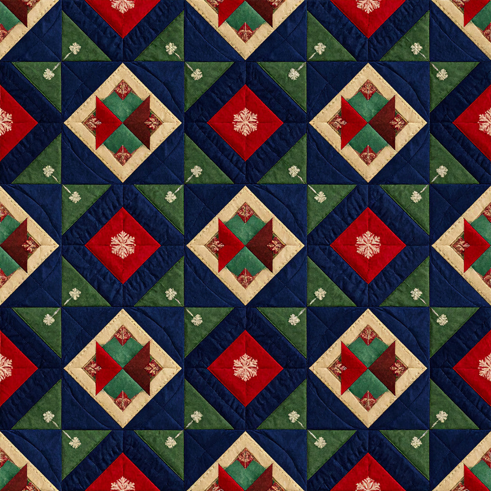 navy blue, forest green, red, cream, dark brown, geometric, diamond pattern, quilted, traditional, elegant, holiday, christmas, snowflake motif, festive, winter, seasonal, classic, formal, heritage, vintage-inspired, jewel tones, luxe, ornamental, damask details, structured, sophisticated, timeless, festive decor