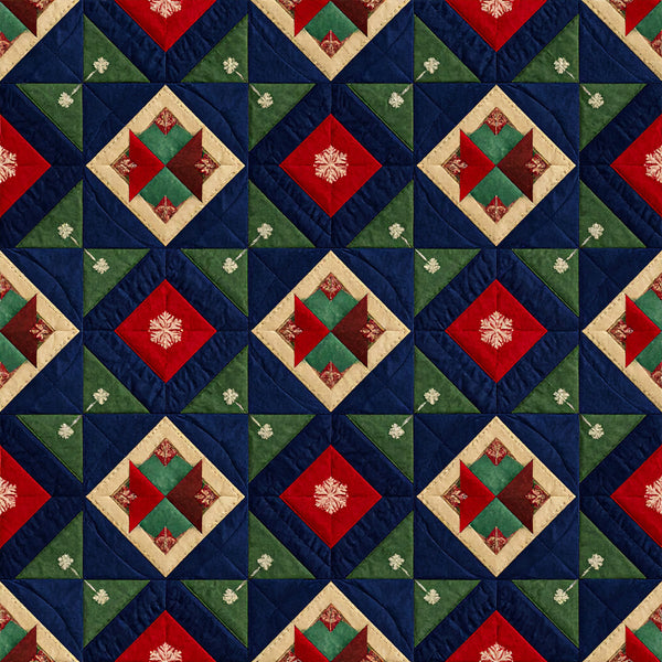 navy blue, forest green, red, cream, dark brown, geometric, diamond pattern, quilted, traditional, elegant, holiday, christmas, snowflake motif, festive, winter, seasonal, classic, formal, heritage, vintage-inspired, jewel tones, luxe, ornamental, damask details, structured, sophisticated, timeless, festive decor