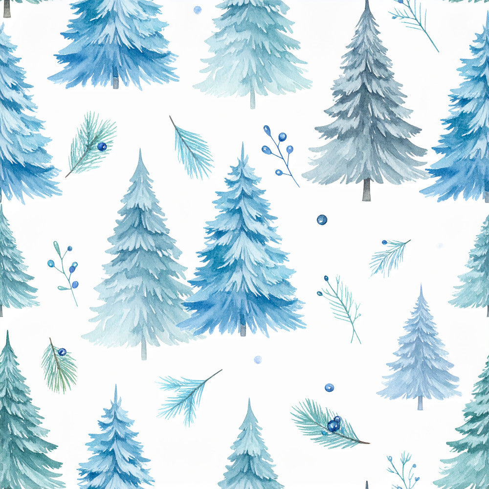 winter evergreen, forest trees, pine trees, snowy trees, blue watercolor, light blue, teal, navy blue, soft blue, frosted forest, winter woodland, evergreen branches, berry sprigs, winter botanicals, holiday, christmas, wintery, nature, woodland, forest, rustic, whimsical, soft, dreamy, winter nursery, winter baby, cold weather, seasonal, coniferous trees, frosty