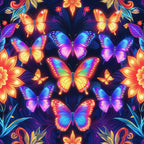 butterflies, fantasy pattern, vibrant colors, neon glow, electric blue, hot pink, orange wings, purple accents, luminous effect, floral elements, tropical flowers, symmetrical design, magical theme,, fabric panel, glowing butterflies, colorful wings, fantasy art, bright pattern, decorative motifs