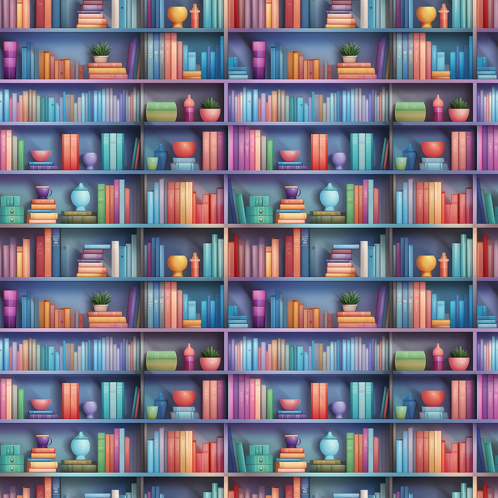 bookshelf pattern,, fabric panel, colorful books, library theme, purple shelves, orange books, blue books, pink books, green books, decorative objects, potted plants, ceramic vases, reading theme, literary design, book spines, shelf arrangement, vibrant colors, repeating pattern, cotton fabric