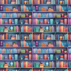 bookshelf pattern,, fabric panel, colorful books, library theme, purple shelves, orange books, blue books, pink books, green books, decorative objects, potted plants, ceramic vases, reading theme, literary design, book spines, shelf arrangement, vibrant colors, repeating pattern, cotton fabric