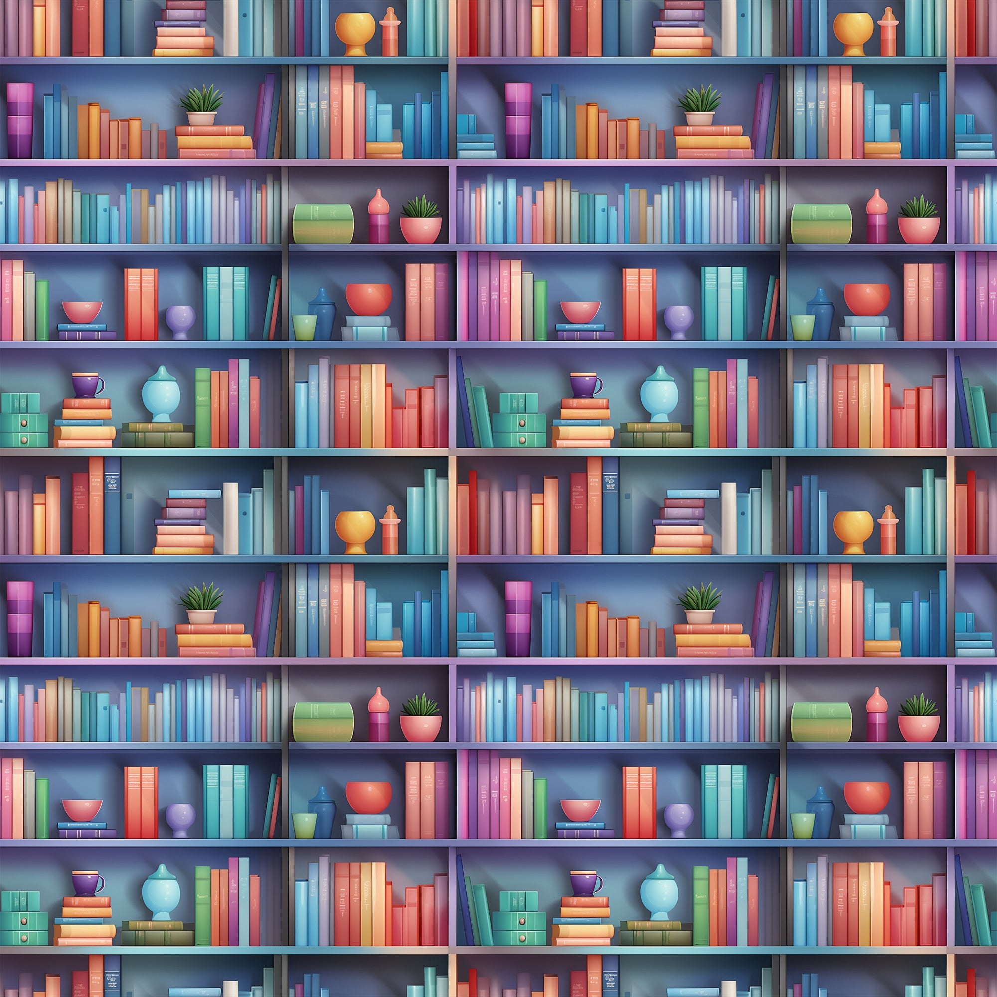 bookshelf pattern,, fabric panel, colorful books, library theme, purple shelves, orange books, blue books, pink books, green books, decorative objects, potted plants, ceramic vases, reading theme, literary design, book spines, shelf arrangement, vibrant colors, repeating pattern, cotton fabric
