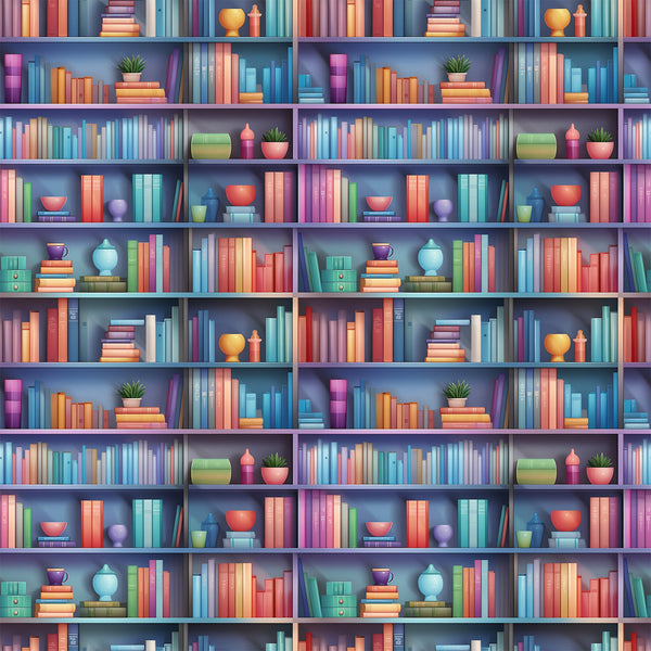 bookshelf pattern,, fabric panel, colorful books, library theme, purple shelves, orange books, blue books, pink books, green books, decorative objects, potted plants, ceramic vases, reading theme, literary design, book spines, shelf arrangement, vibrant colors, repeating pattern, cotton fabric