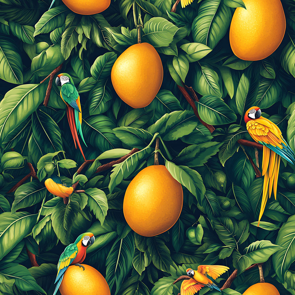 tropical parrots, mango fruits, lush foliage, green leaves, orange mangoes, colorful macaws, jungle pattern, vibrant greens, golden orange, tropical birds, exotic fruits, rainforest scene,, fabric panel, nature motif, botanical design, wildlife illustration, tropical paradise, seamless repeat, bright colors