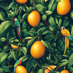 tropical parrots, mango fruits, lush foliage, green leaves, orange mangoes, colorful macaws, jungle pattern, vibrant greens, golden orange, tropical birds, exotic fruits, rainforest scene,, fabric panel, nature motif, botanical design, wildlife illustration, tropical paradise, seamless repeat, bright colors