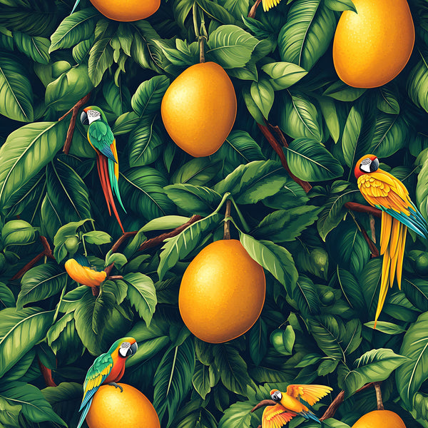 tropical parrots, mango fruits, lush foliage, green leaves, orange mangoes, colorful macaws, jungle pattern, vibrant greens, golden orange, tropical birds, exotic fruits, rainforest scene,, fabric panel, nature motif, botanical design, wildlife illustration, tropical paradise, seamless repeat, bright colors