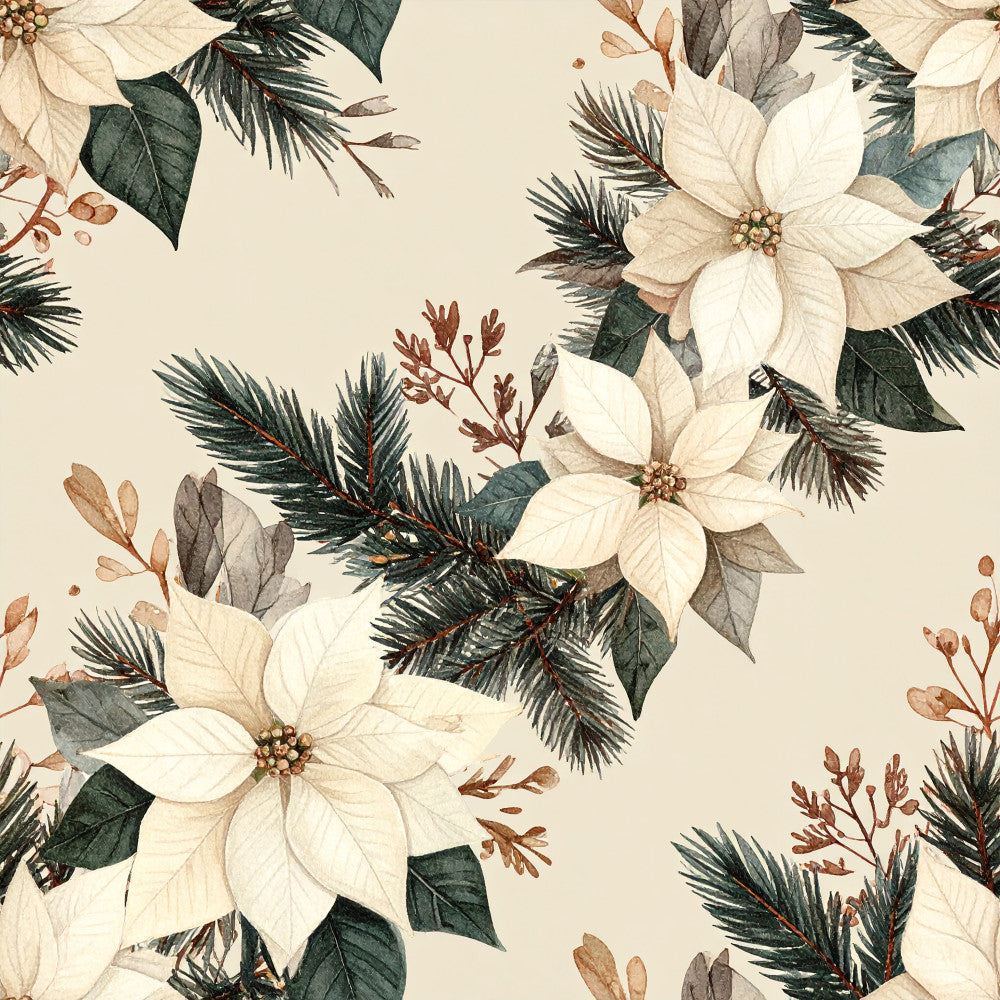cream poinsettia, white poinsettia, evergreen, pine branches, winter floral, holiday botanical, cream and green, forest green, dark green, dusty brown, rust accents, elegant, traditional, vintage botanical, christmas, festive, nature-inspired, botanical illustration, winter, holiday season, poinsettia flowers, coniferous branches, rustic elegance, timeless, classic holiday, seasonal, decorative floral, detailed illustration