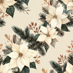 cream poinsettia, white poinsettia, evergreen, pine branches, winter floral, holiday botanical, cream and green, forest green, dark green, dusty brown, rust accents, elegant, traditional, vintage botanical, christmas, festive, nature-inspired, botanical illustration, winter, holiday season, poinsettia flowers, coniferous branches, rustic elegance, timeless, classic holiday, seasonal, decorative floral, detailed illustration
