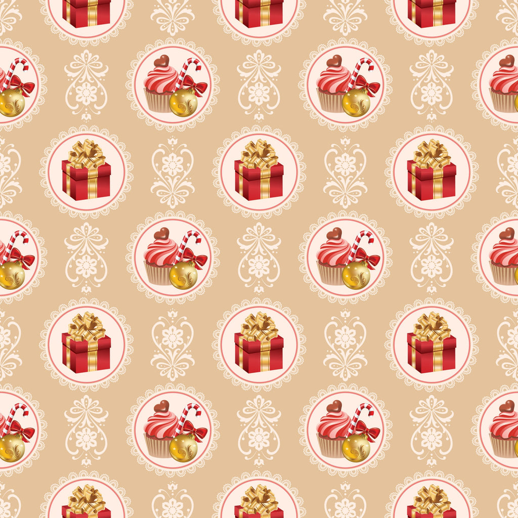 christmas pattern,, fabric panel, beige background, red gift boxes, gold bows, cupcakes, candy canes, ornate circles, lace borders, festive motifs, holiday treats, warm colors, repeating design, seasonal fabric, decorative elements, pink frosting, golden accents, vintage style, holiday baking