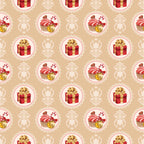 christmas pattern,, fabric panel, beige background, red gift boxes, gold bows, cupcakes, candy canes, ornate circles, lace borders, festive motifs, holiday treats, warm colors, repeating design, seasonal fabric, decorative elements, pink frosting, golden accents, vintage style, holiday baking
