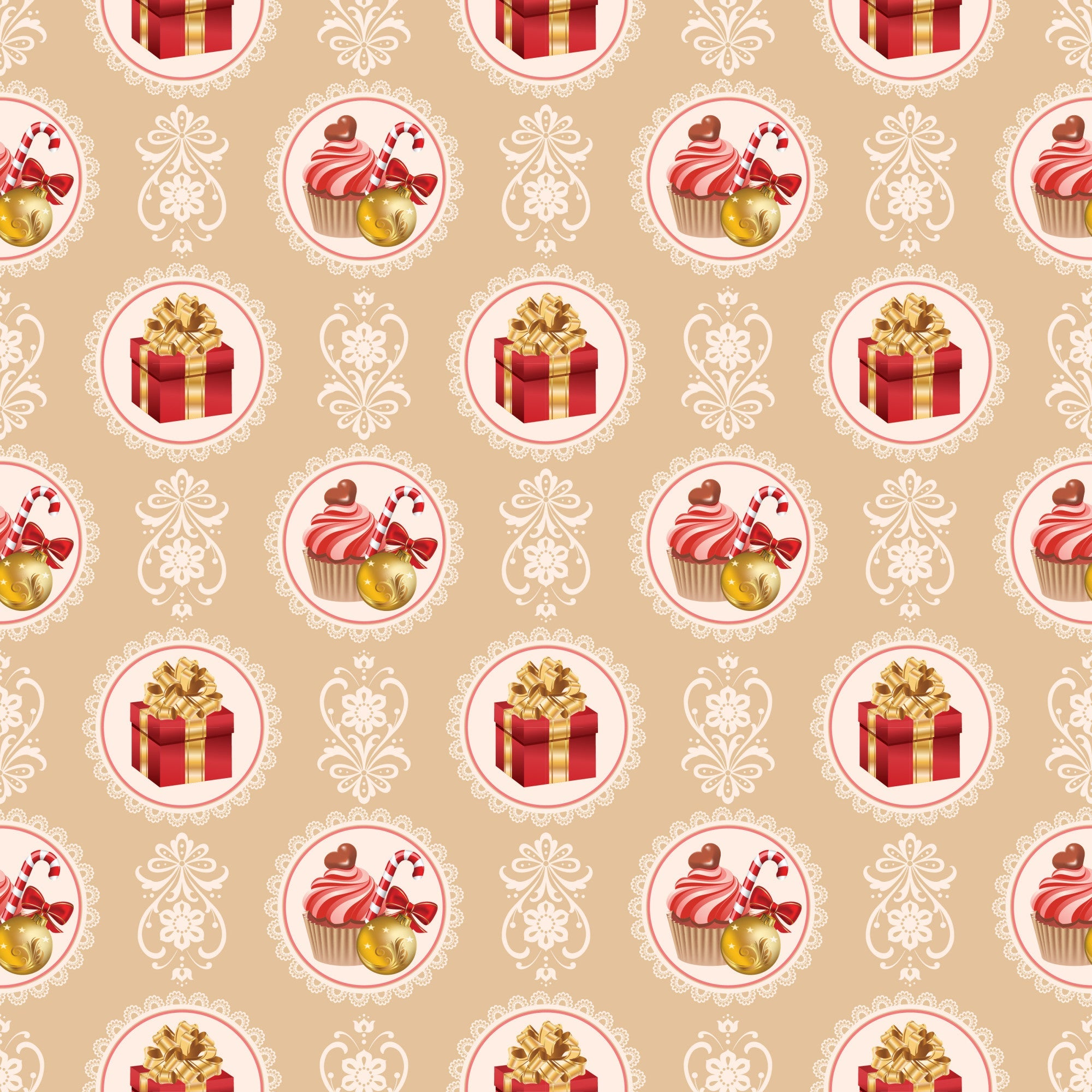 christmas pattern,, fabric panel, beige background, red gift boxes, gold bows, cupcakes, candy canes, ornate circles, lace borders, festive motifs, holiday treats, warm colors, repeating design, seasonal fabric, decorative elements, pink frosting, golden accents, vintage style, holiday baking