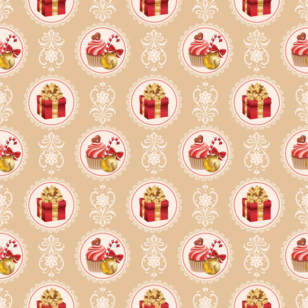 christmas pattern,, fabric panel, beige background, red gift boxes, gold bows, cupcakes, candy canes, ornate circles, lace borders, festive motifs, holiday treats, warm colors, repeating design, seasonal fabric, decorative elements, pink frosting, golden accents, vintage style, holiday baking