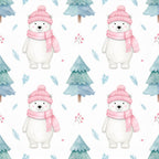 soft pink, white, teal blue, winter white, polar bear, cute animals, evergreen trees, holiday, christmas, winter, whimsical, sweet, gentle, nursery, baby room, kids room, playroom, forest theme, snow, cozy, soft aesthetic, adorable characters, winter forest, festive, children's design, nature-inspired, berries, pine branches, decorative accents