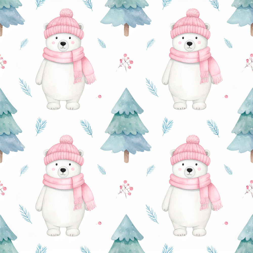 soft pink, white, teal blue, winter white, polar bear, cute animals, evergreen trees, holiday, christmas, winter, whimsical, sweet, gentle, nursery, baby room, kids room, playroom, forest theme, snow, cozy, soft aesthetic, adorable characters, winter forest, festive, children's design, nature-inspired, berries, pine branches, decorative accents
