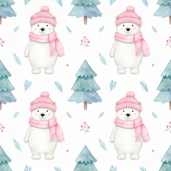 soft pink, white, teal blue, winter white, polar bear, cute animals, evergreen trees, holiday, christmas, winter, whimsical, sweet, gentle, nursery, baby room, kids room, playroom, forest theme, snow, cozy, soft aesthetic, adorable characters, winter forest, festive, children's design, nature-inspired, berries, pine branches, decorative accents
