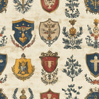 cream background, navy blue, golden yellow, burgundy red, heraldic shields, coat of arms, medieval banners, floral motifs, laurel wreaths, ornate crests, vintage style, aged appearance,, fabric panel, rustic finish, decorative emblems, botanical elements, antique look, german inspired, patriotic symbols