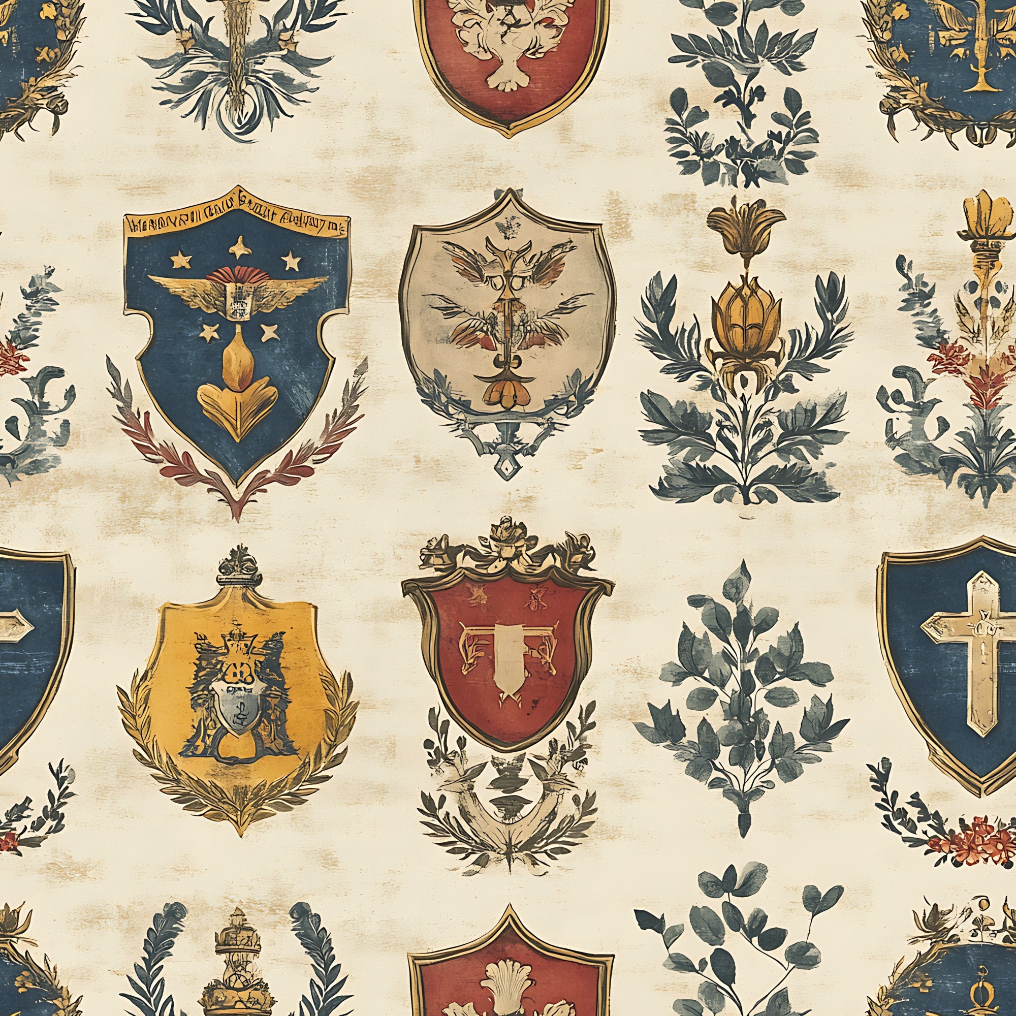cream background, navy blue, golden yellow, burgundy red, heraldic shields, coat of arms, medieval banners, floral motifs, laurel wreaths, ornate crests, vintage style, aged appearance,, fabric panel, rustic finish, decorative emblems, botanical elements, antique look, german inspired, patriotic symbols