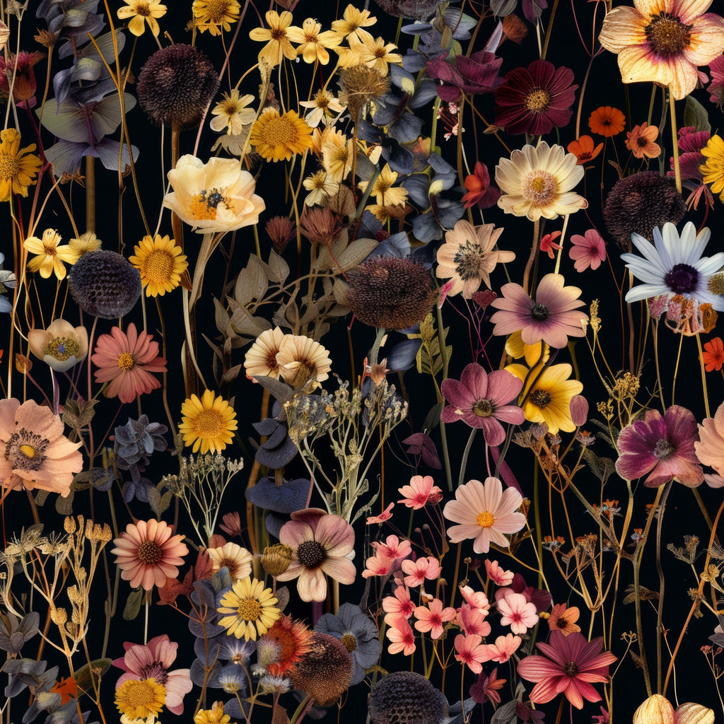dried flowers, botanical pattern, floral design, autumn colors, burgundy, golden yellow, coral pink, cream white, navy blue, realistic flowers, pressed flowers, vintage botanical,, fabric panel, wildflowers, cosmos flowers, sunflowers, nature inspired, earthy tones, black background