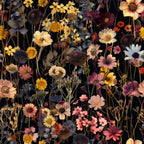 dried flowers, botanical pattern, floral design, autumn colors, burgundy, golden yellow, coral pink, cream white, navy blue, realistic flowers, pressed flowers, vintage botanical,, fabric panel, wildflowers, cosmos flowers, sunflowers, nature inspired, earthy tones, black background