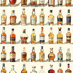 whiskey bottles, amber colors, golden hues, brown tones, glass bottles, alcohol pattern, beverage design, bottle collection, realistic illustration,, fabric panel, repeating pattern, vintage bottles, liquor display, warm colors, orange shades, bourbon bottles, spirits theme, detailed artwork, nostalgic style