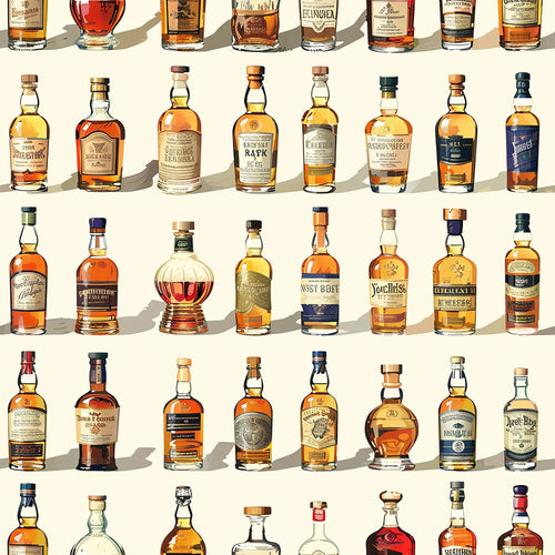 whiskey bottles, amber colors, golden hues, brown tones, glass bottles, alcohol pattern, beverage design, bottle collection, realistic illustration,, fabric panel, repeating pattern, vintage bottles, liquor display, warm colors, orange shades, bourbon bottles, spirits theme, detailed artwork, nostalgic style