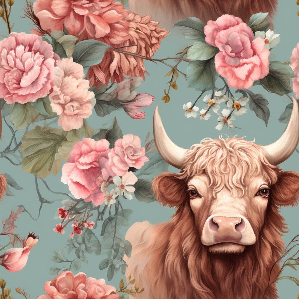 highland cow, vintage floral,, fabric panel, pink roses, sage green, dusty blue, brown cow, horned cattle, botanical pattern, cottage core, pastoral design, fluffy cow, decorative flowers, soft pastels, whimsical art, farm animal, romantic florals, muted tones, cotton fabric
