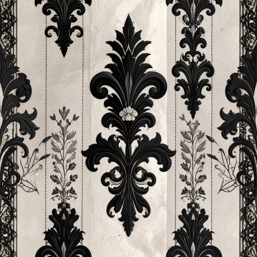 black and white, cream, ivory, damask, floral, baroque, ornamental, scrolls, flourishes, vintage, elegant, classical, neoclassical, traditional, botanical, acanthus leaves, symmetrical, decorative, formal, sophisticated, upholstery, home decor, bedding, palace, victorian, intricate details, monochromatic