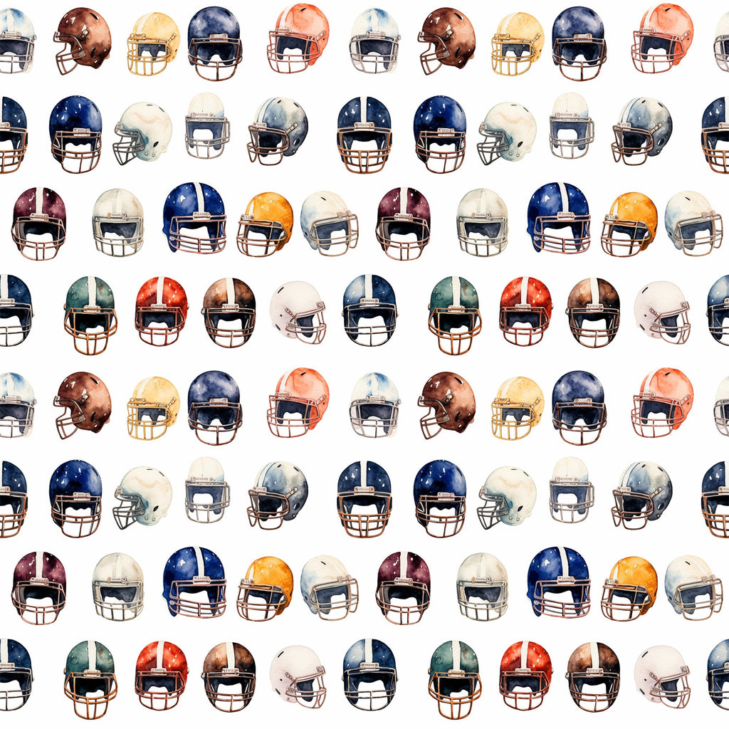 watercolor, football helmets, sports pattern, navy blue, burgundy, orange, white, gray, brown, repeating design, athletic theme,, fabric panel, team colors, helmet collection, sports memorabilia, masculine colors, geometric arrangement, football equipment, watercolor painting style