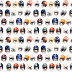 watercolor, football helmets, sports pattern, navy blue, burgundy, orange, white, gray, brown, repeating design, athletic theme,, fabric panel, team colors, helmet collection, sports memorabilia, masculine colors, geometric arrangement, football equipment, watercolor painting style