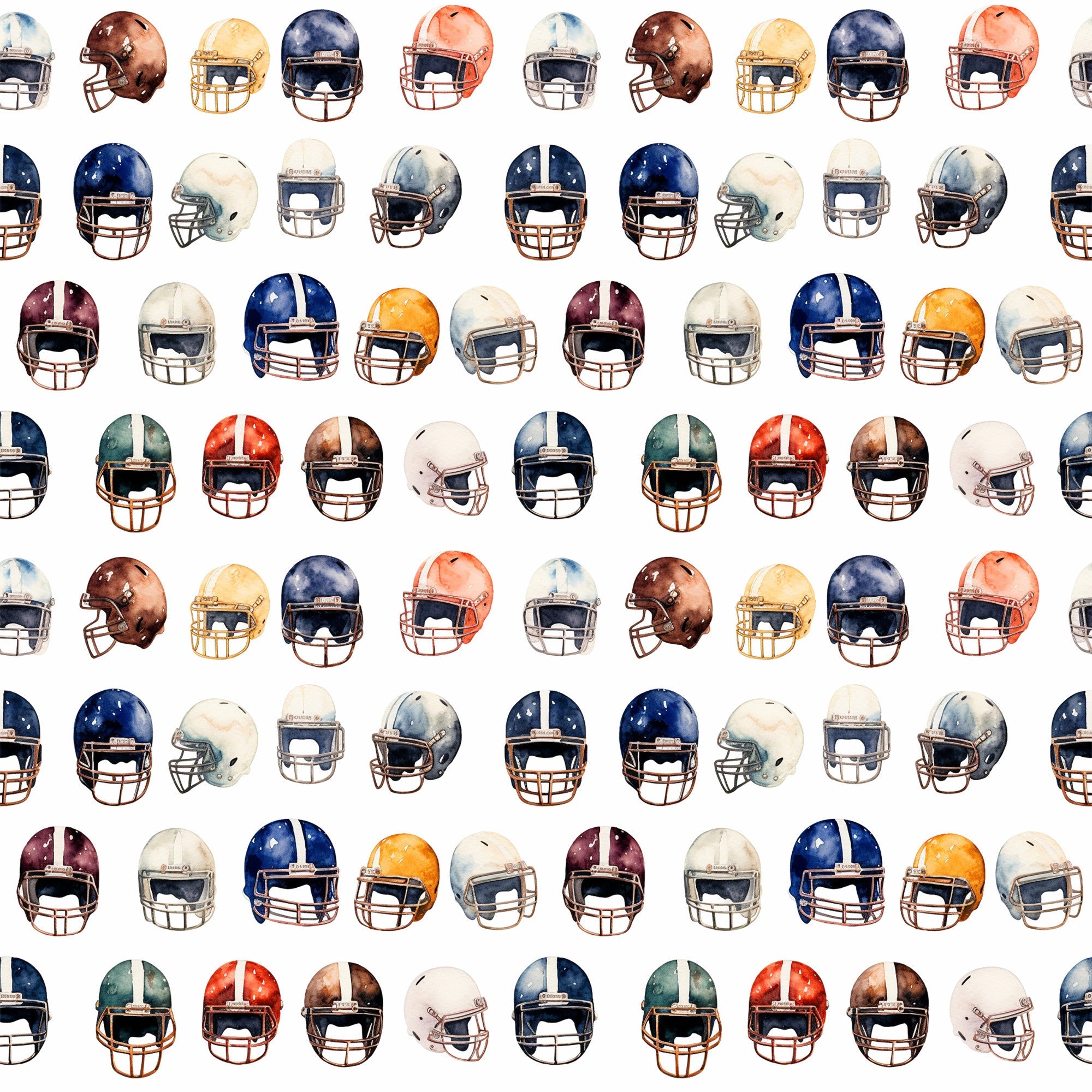 watercolor, football helmets, sports pattern, navy blue, burgundy, orange, white, gray, brown, repeating design, athletic theme,, fabric panel, team colors, helmet collection, sports memorabilia, masculine colors, geometric arrangement, football equipment, watercolor painting style