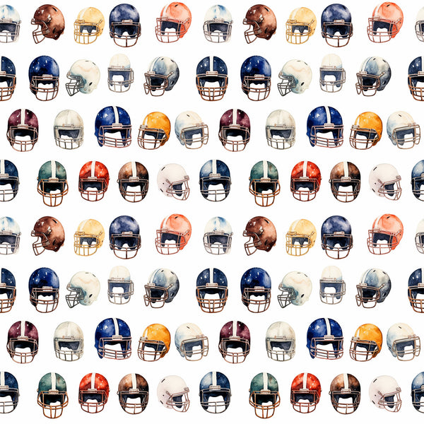 watercolor, football helmets, sports pattern, navy blue, burgundy, orange, white, gray, brown, repeating design, athletic theme,, fabric panel, team colors, helmet collection, sports memorabilia, masculine colors, geometric arrangement, football equipment, watercolor painting style