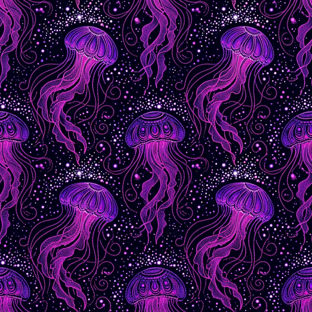 neon pink, magenta, purple, navy blue, bioluminescent, jellyfish, ocean, sea creatures, underwater, glowing, dotted, swirling, celestial, whimsical, bohemian, psychedelic, cosmic, modern, surreal, fantasy, nighttime, glow-in-the-dark aesthetic, marine life, deep sea, mystical, ethereal, dark background, intricate patterns, abstract organic