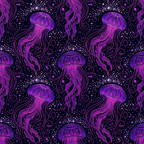 neon pink, magenta, purple, navy blue, bioluminescent, jellyfish, ocean, sea creatures, underwater, glowing, dotted, swirling, celestial, whimsical, bohemian, psychedelic, cosmic, modern, surreal, fantasy, nighttime, glow-in-the-dark aesthetic, marine life, deep sea, mystical, ethereal, dark background, intricate patterns, abstract organic