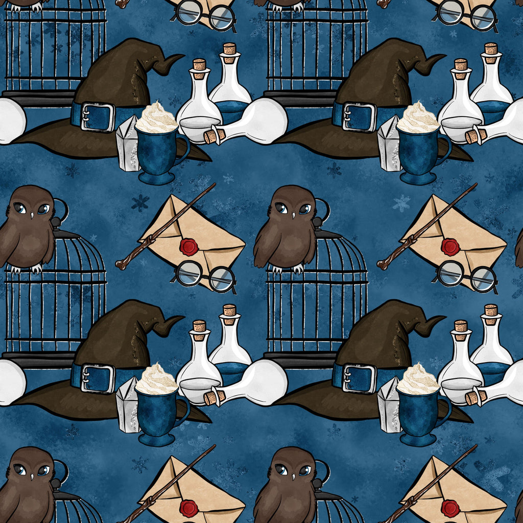 wizard themed, magic school, dark blue background, brown owls, witch hats, potion bottles, eyeglasses, wand, sealed letter, red wax seal, bird cage,, fabric panel, whimsical pattern, fantasy elements, magical accessories, repeating motif, navy blue, cream colored, enchanted design