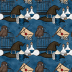 wizard themed, magic school, dark blue background, brown owls, witch hats, potion bottles, eyeglasses, wand, sealed letter, red wax seal, bird cage,, fabric panel, whimsical pattern, fantasy elements, magical accessories, repeating motif, navy blue, cream colored, enchanted design